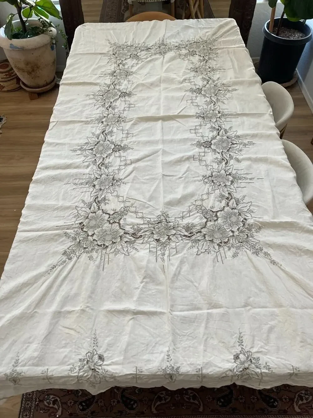 Vintage Hand Embroidery Floral Linen Tablecloth Ivory Rectangular 98